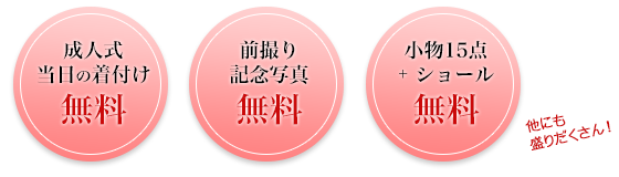 成人式当日の着付け無料、前撮り記念写真無料、小物15点+ ショール無料 他にも盛りだくさん！